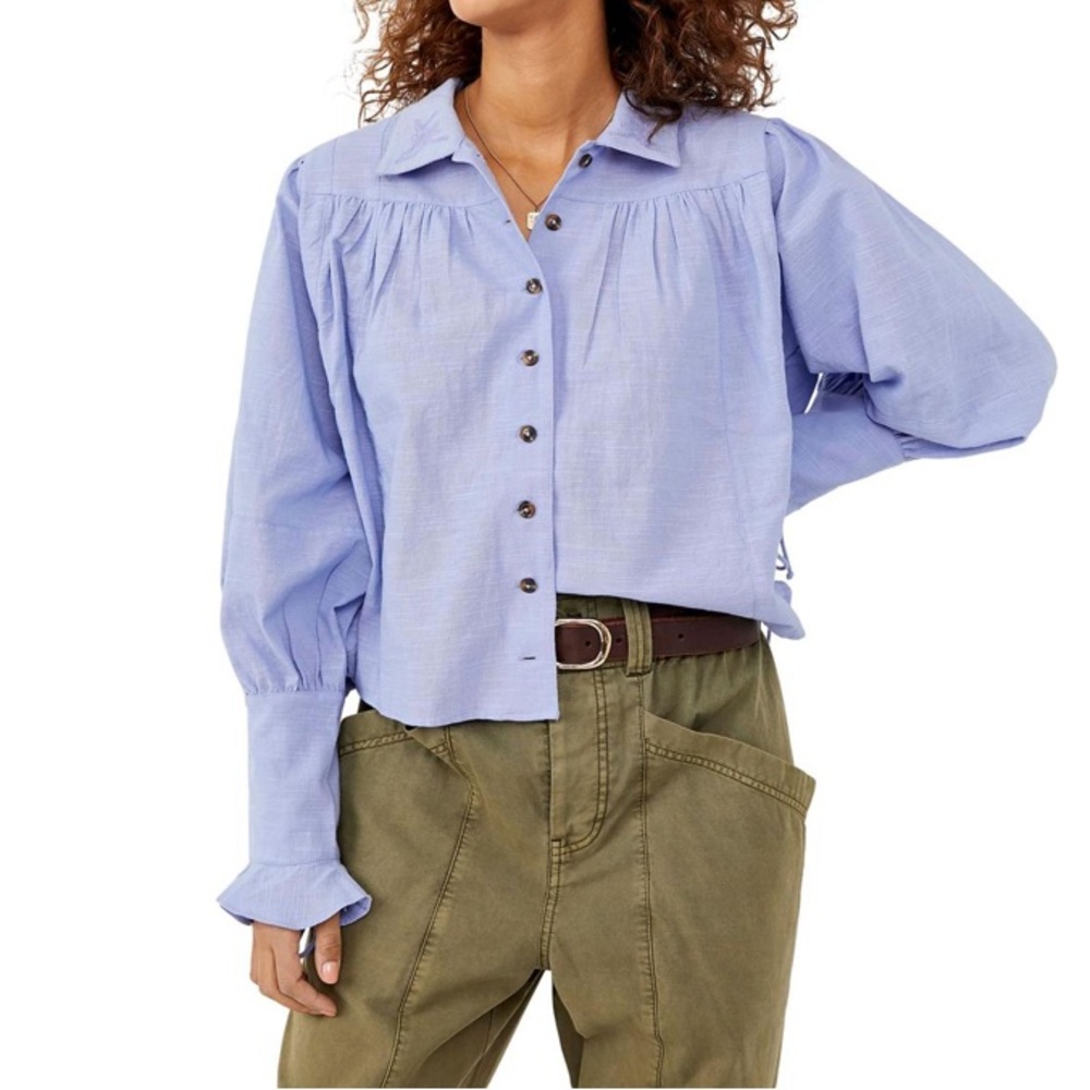 Free People Kiss Kiss smocked sleeve pleated button front top small